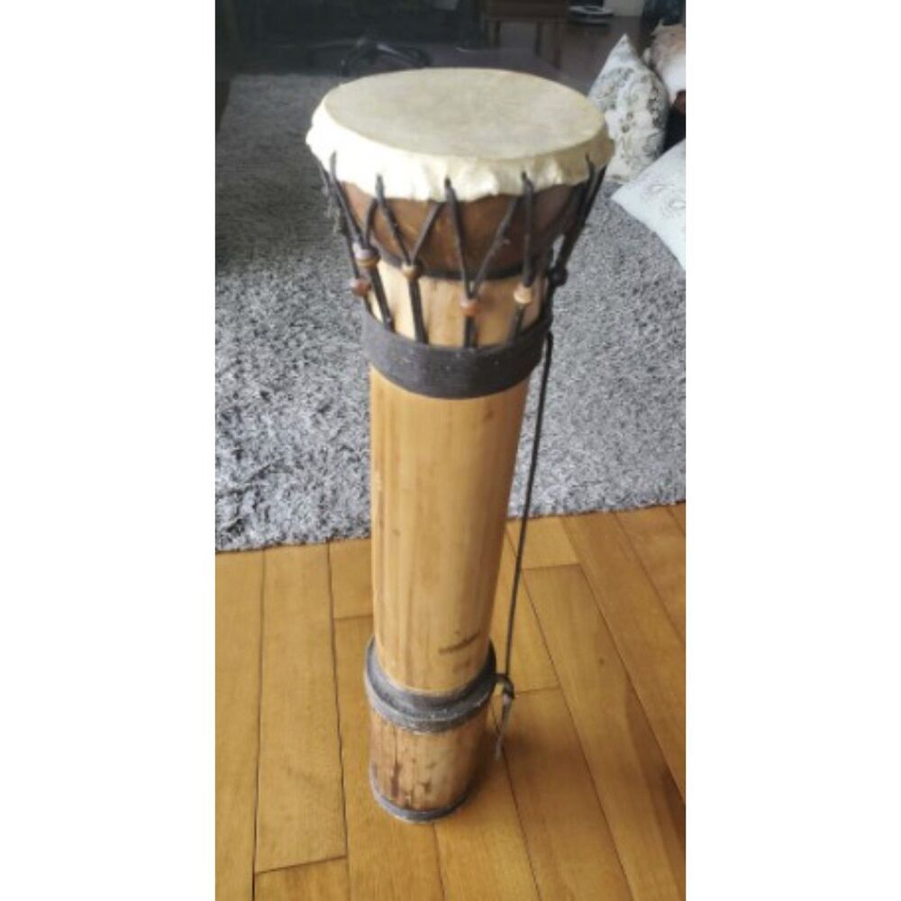 Vintage Hand-Carved Bamboo Indonesian Tribal Drum – Unique Decor & Instrument